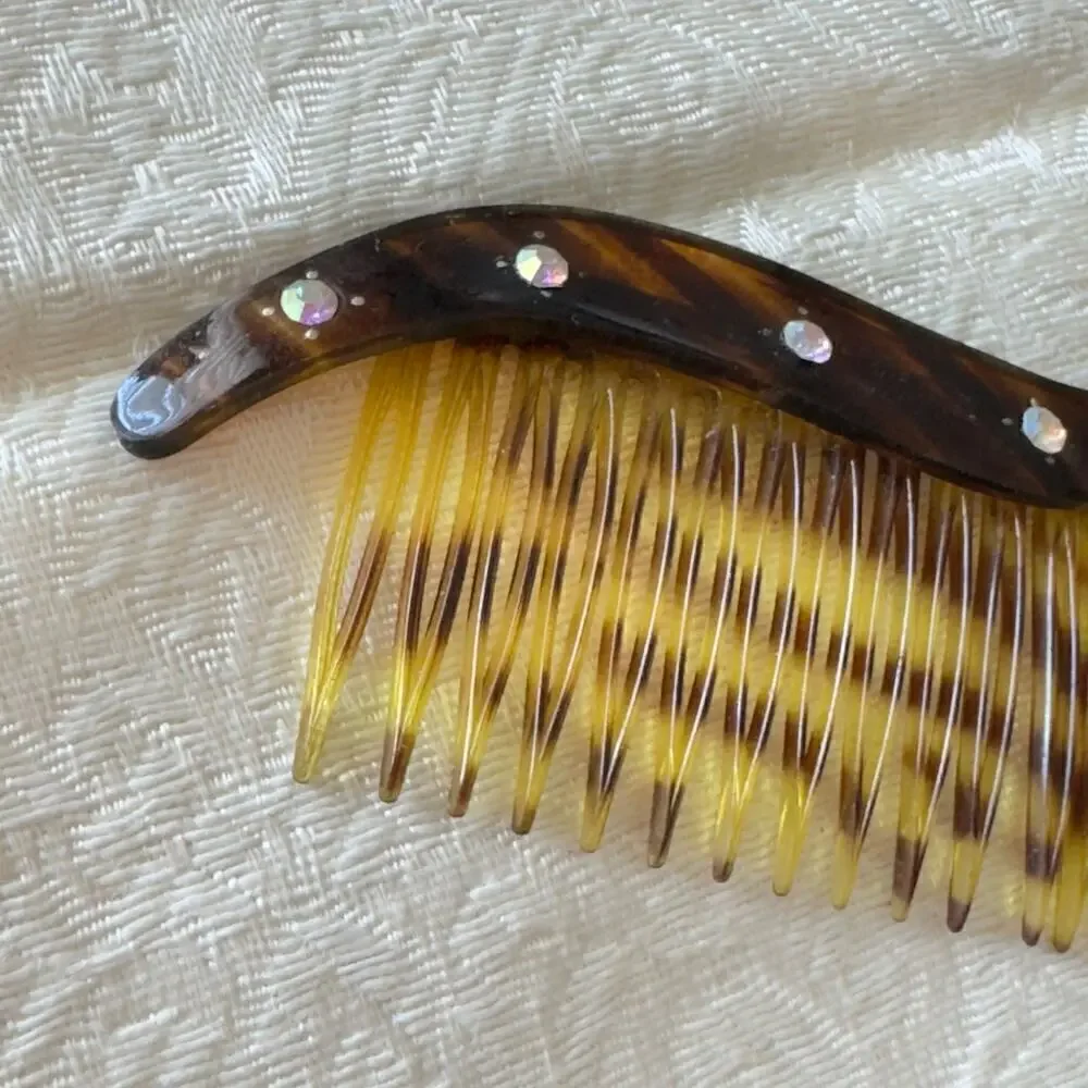 Vintage Brown Tortoiseshell Celluloid Hair Comb Deco 1930s Starburst Rhinestones